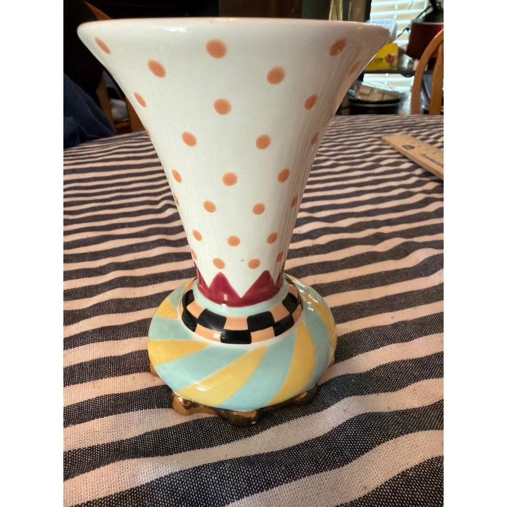 whimsical Checkered Polka Dot Ceramic Bud Vase Gold Luster Trim‎ 6.5